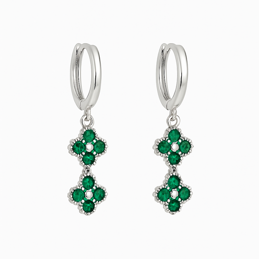 Aros Doble Clover Mini Verdes y Baño de Rodio
