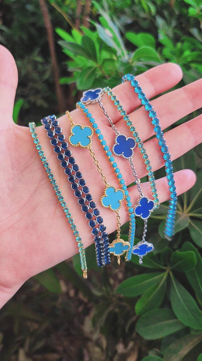 Pulsera Clover Agata Azul Trébol Plateado
