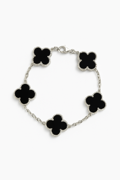 Pulsera Clovers Onix Trébol Plateado