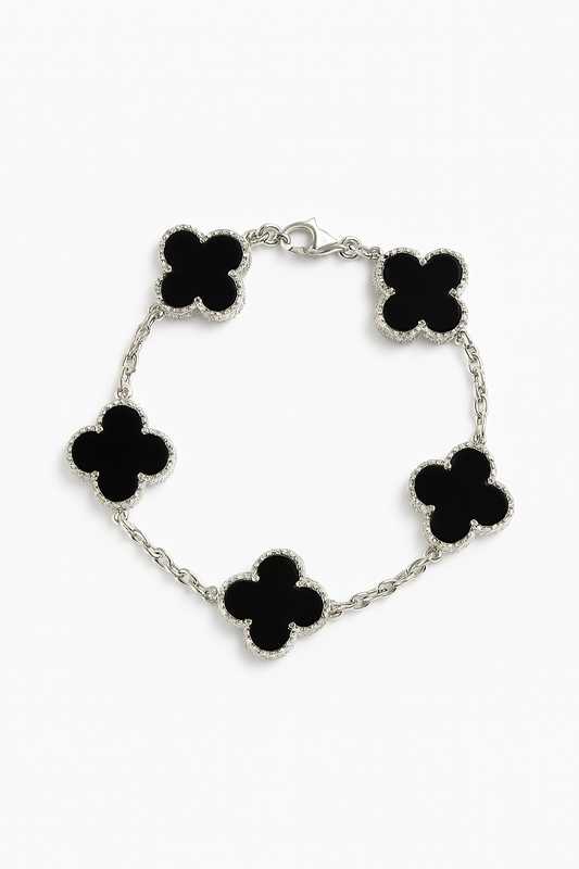 Pulsera Clovers Onix Trébol Plateado