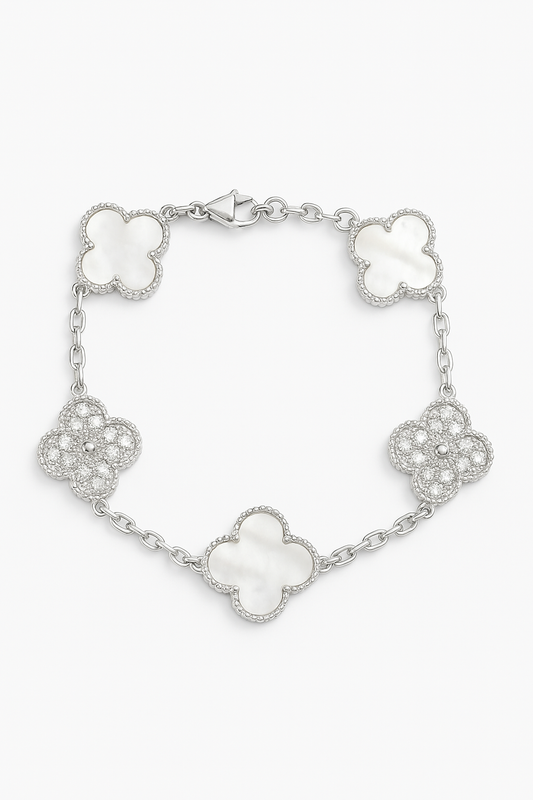 Pulsera Clovers Nácar Circones Trébol Plateado