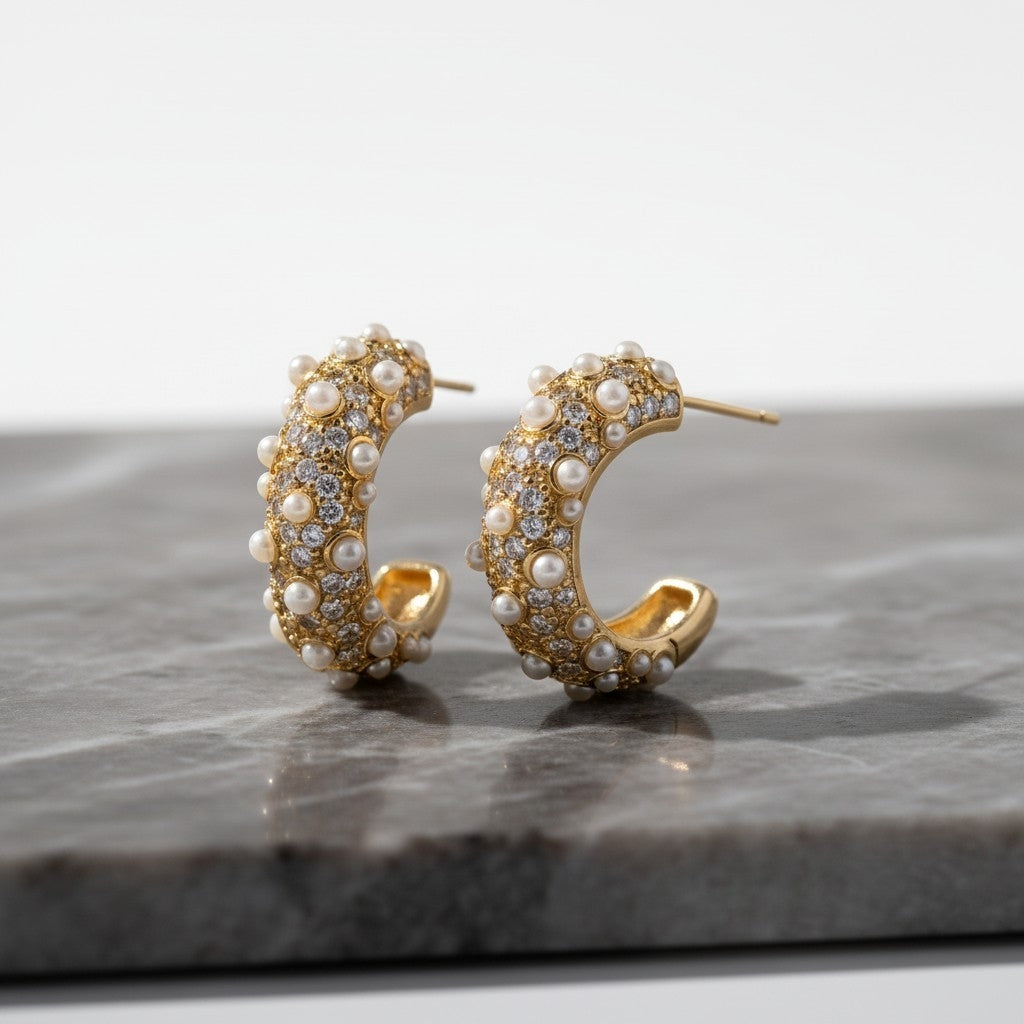 Aros Media Argolla Perlas y Zircones - Baño de Oro 18k