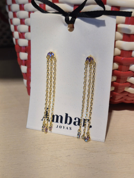 Aros Cascada 6cm Lila Plata 925 –  Baño de Oro