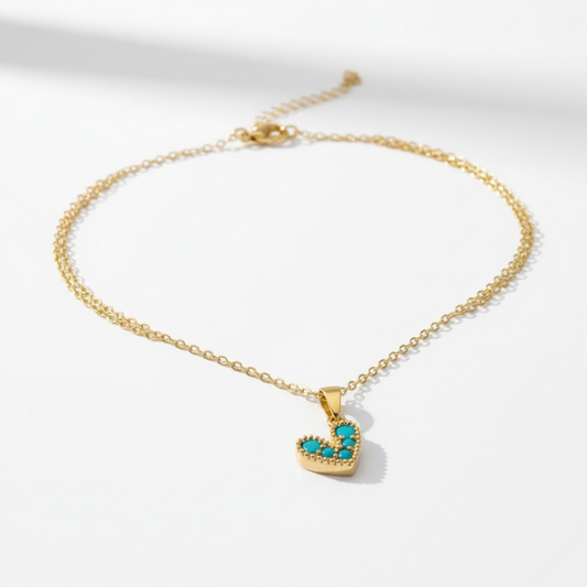 Cadena Corazon Turquesa - Baño Oro 18k