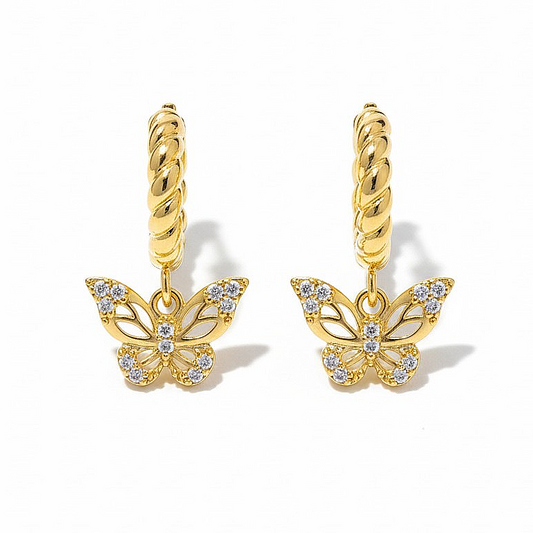Aros Argollas Trenzadas con Mariposas - Baño de Oro 18k