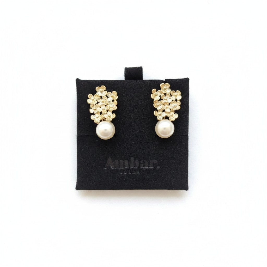 Aros Flor Racimo con Perla Dorado