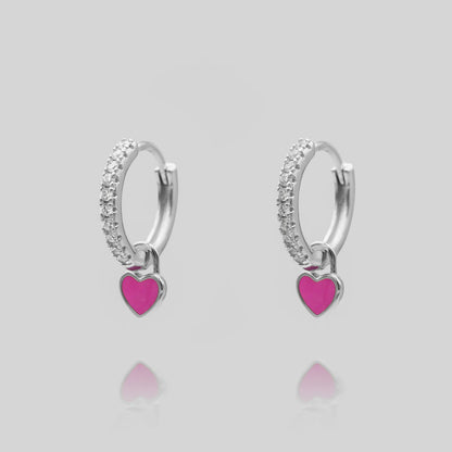 Argollas Circones Corazón Esmaltado Fucsia