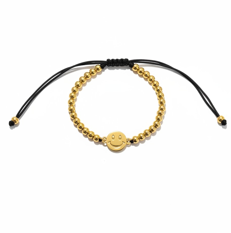 Pulsera Ajustable Carita Feliz Hilo Negro - Baño Oro 18k