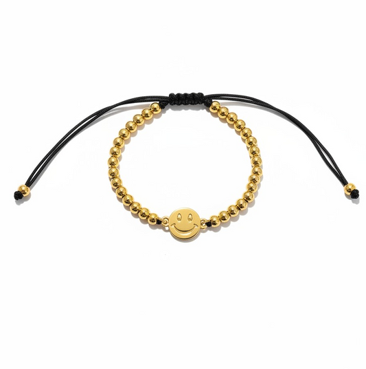 Pulsera Ajustable Hapy Face – Hilo Negro Baño de Oro 18k