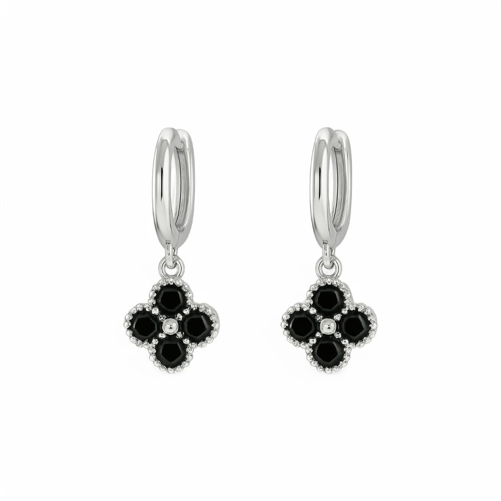 Aros Trébol Mini Clovers Negro Plateado