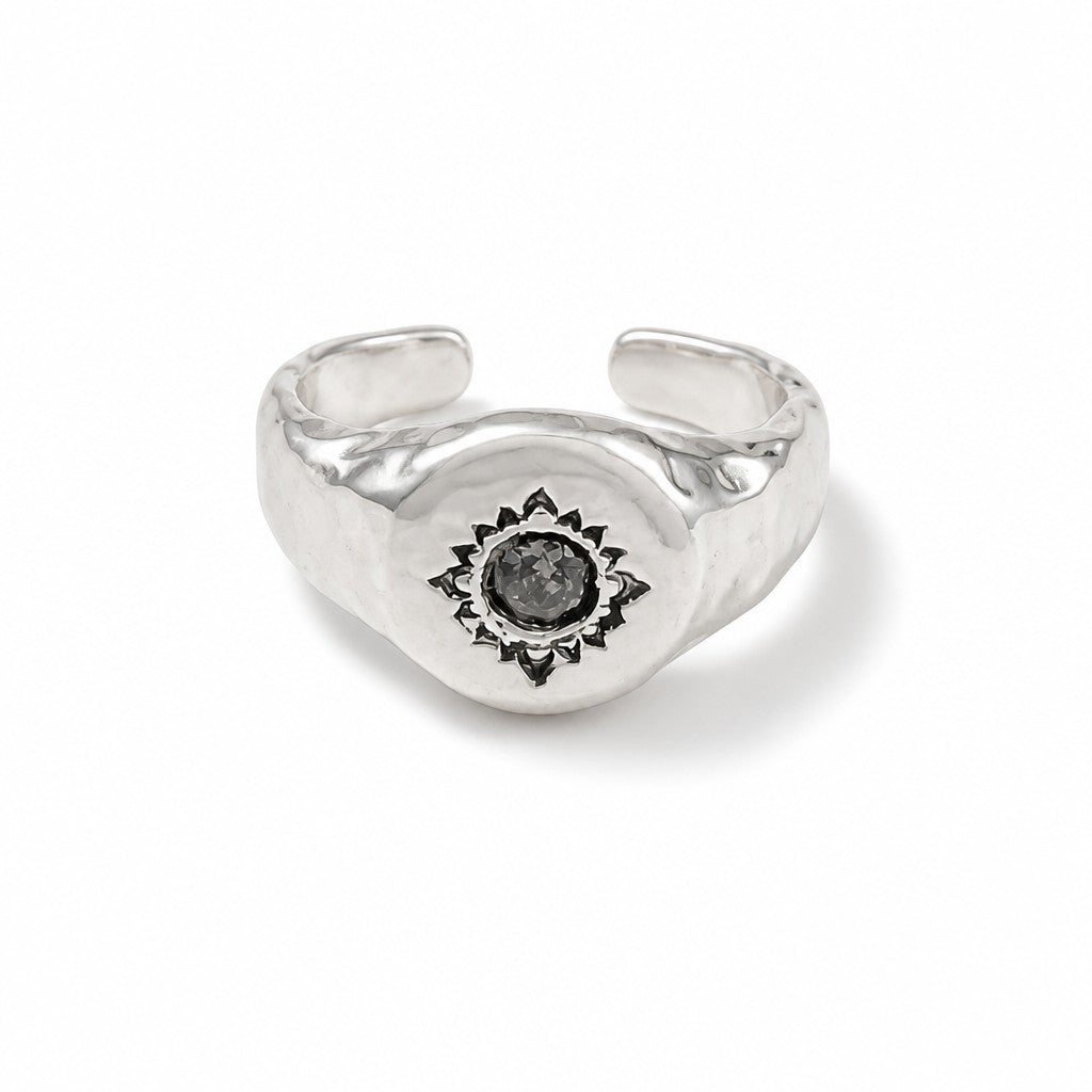 Anillo Ajustable Sello Sol con Circón Baño de Plata