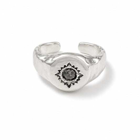 Anillo Ajustable Sello Sol con Circón Baño de Plata - Ámbar Joyas