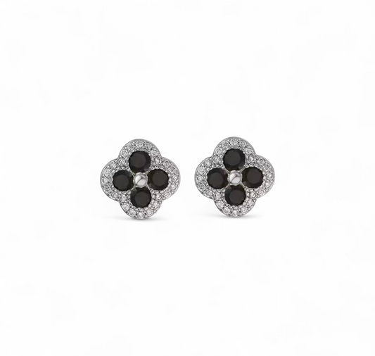 Aros Flor Pavé Negro en Rodio