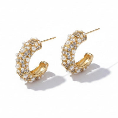 Aros Media Argolla Perlas y Zircones - Baño de Oro 18k