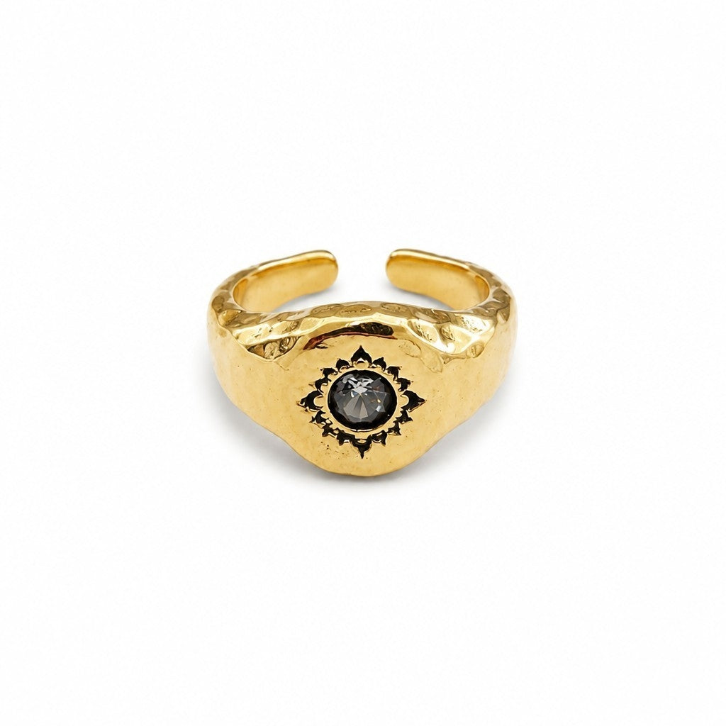 Anillo Ajustable Sello Sol con Circón Baño de Oro