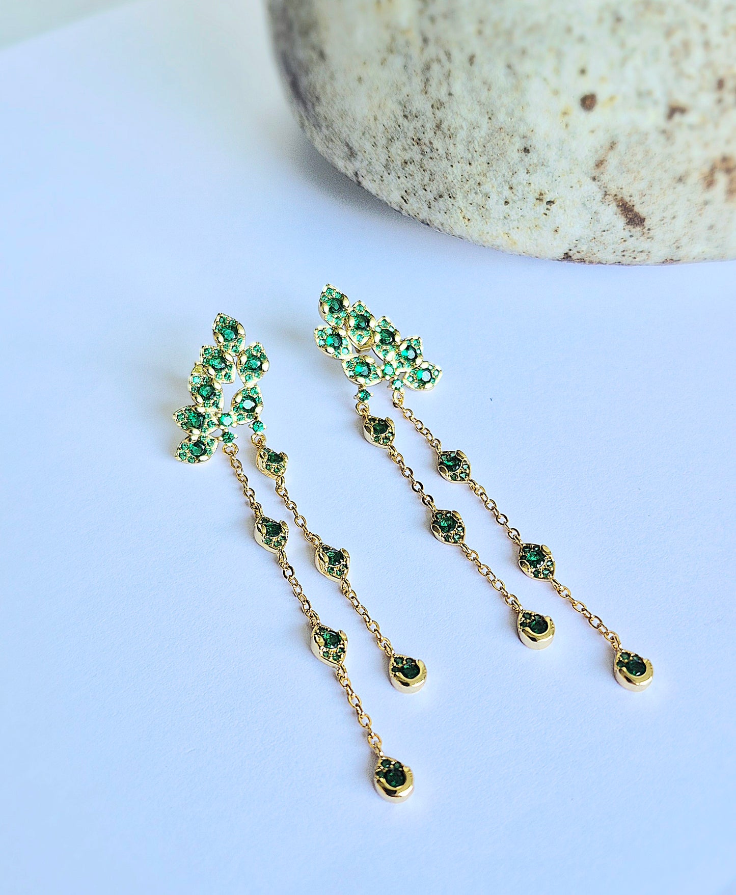 Aros Largos Hojas Shine Verde Plata 925 – Baño de Oro