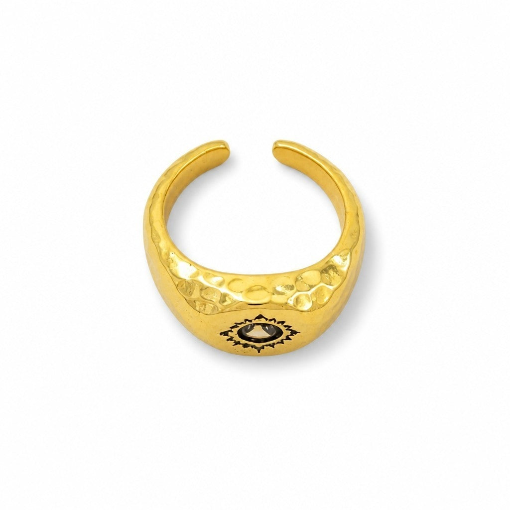 Anillo Ajustable Sello Sol con Circón Baño de Oro
