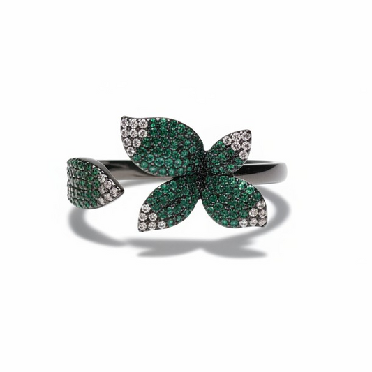 Anillo Open Flower – Rodio Negro & Esmeralda