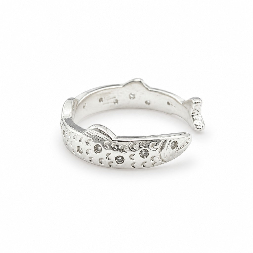 Anillo Ajustable Banda Pez Satinada - Baño de Plata