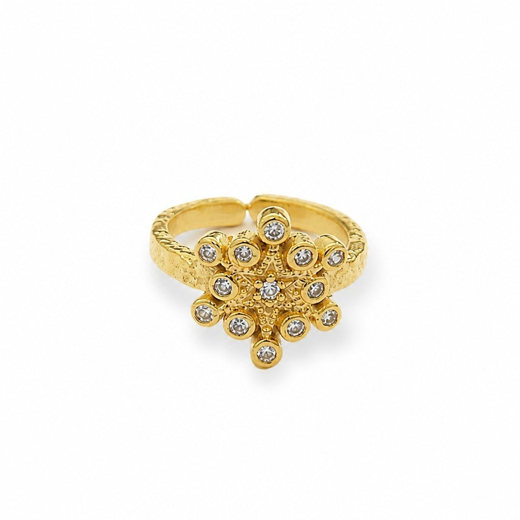 Anillo Ajustable Flor de Circones Baño de Oro