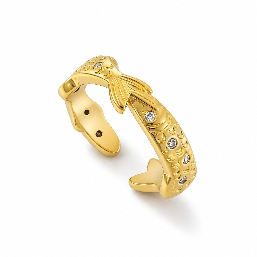 Anillo Ajustable Banda Pez con Circones Baño de Oro