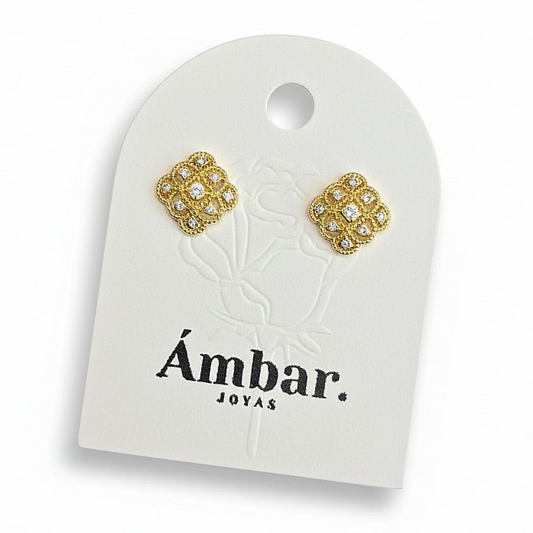 Aros Cuadrados Encaje Circonitas - aoro 18k