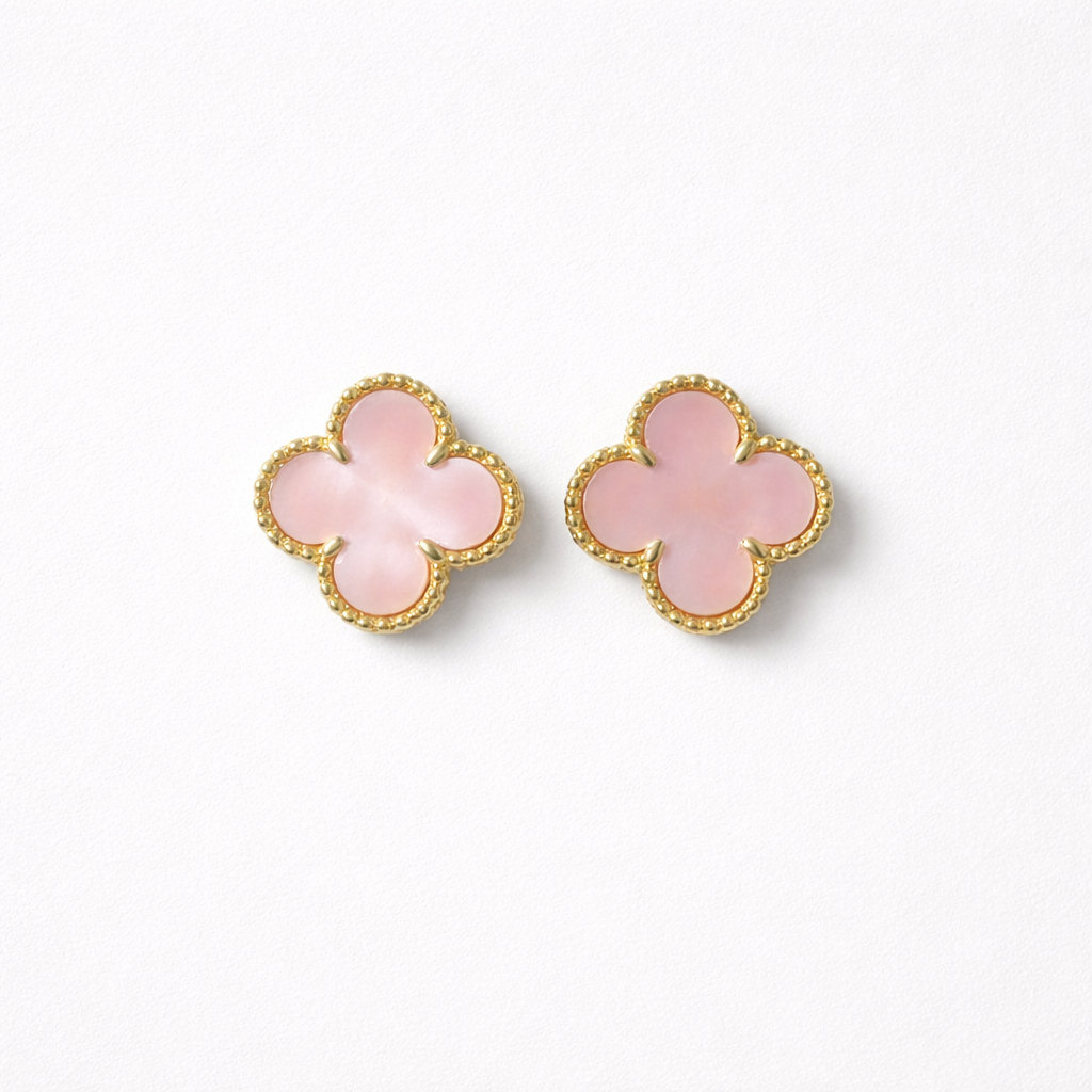 Aros Clovers Nacar Rosado Trébol - Baño de Oro 18k