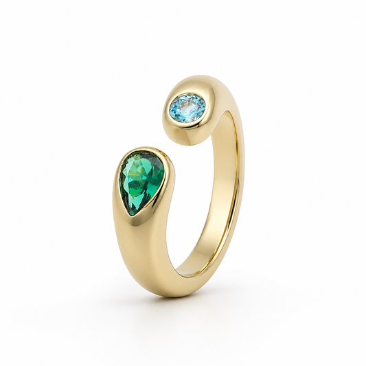 Anillo Ajustable Toi & Moi Esmeralda y Aguamarina